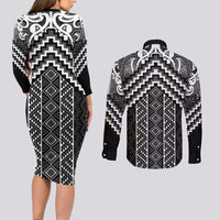 Maori Tukutuku Taniko Motifs Couples Matching Long Sleeve Bodycon Dress and Long Sleeve Button Shirt Black Poutama Mix Kowhaiwhai LT7 - Polynesian Pride