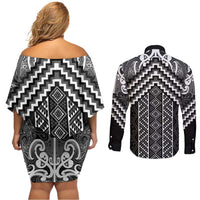 Maori Tukutuku Taniko Motifs Couples Matching Off Shoulder Short Dress and Long Sleeve Button Shirt Black Poutama Mix Kowhaiwhai LT7 - Polynesian Pride