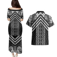 Maori Tukutuku Taniko Motifs Couples Matching Puletasi and Hawaiian Shirt Black Poutama Mix Kowhaiwhai LT7 - Polynesian Pride