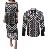 Maori Tukutuku Taniko Motifs Couples Matching Puletasi and Long Sleeve Button Shirt Black Poutama Mix Kowhaiwhai LT7 Black - Polynesian Pride