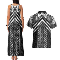 Maori Tukutuku Taniko Motifs Couples Matching Tank Maxi Dress and Hawaiian Shirt Black Poutama Mix Kowhaiwhai LT7 - Polynesian Pride
