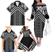Maori Tukutuku Taniko Motifs Family Matching Off The Shoulder Long Sleeve Dress and Hawaiian Shirt Black Poutama Mix Kowhaiwhai LT7 - Polynesian Pride