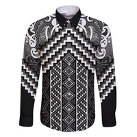 Maori Tukutuku Taniko Motifs Family Matching Summer Maxi Dress and Hawaiian Shirt Black Poutama Mix Kowhaiwhai LT7 Dad's Shirt - Long Sleeve Black - Polynesian Pride