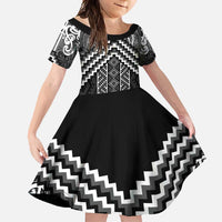 Maori Tukutuku Taniko Motifs Family Matching Tank Maxi Dress and Hawaiian Shirt Black Poutama Mix Kowhaiwhai LT7 Daughter's Dress Black - Polynesian Pride