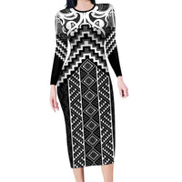 Maori Tukutuku Taniko Motifs Long Sleeve Bodycon Dress Black Poutama Mix Kowhaiwhai LT7 Long Dress Black - Polynesian Pride