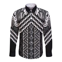 Maori Tukutuku Taniko Motifs Long Sleeve Button Shirt Black Poutama Mix Kowhaiwhai LT7 Unisex Black - Polynesian Pride