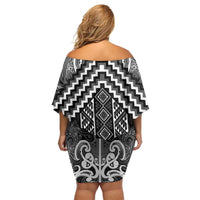 Maori Tukutuku Taniko Motifs Off Shoulder Short Dress Black Poutama Mix Kowhaiwhai LT7 - Polynesian Pride