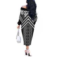 Maori Tukutuku Taniko Motifs Off The Shoulder Long Sleeve Dress Black Poutama Mix Kowhaiwhai LT7 - Polynesian Pride