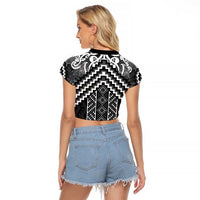 Maori Tukutuku Taniko Motifs Raglan Cropped T Shirt Black Poutama Mix Kowhaiwhai LT7 - Polynesian Pride
