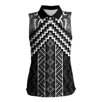 Maori Tukutuku Taniko Motifs Women Sleeveless Polo Shirt Black Poutama Mix Kowhaiwhai LT7 Female Black - Polynesian Pride