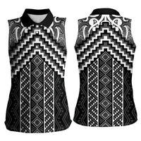 Maori Tukutuku Taniko Motifs Women Sleeveless Polo Shirt Black Poutama Mix Kowhaiwhai LT7 - Polynesian Pride