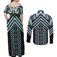 Maori Tukutuku Taniko Motifs Couples Matching Off Shoulder Maxi Dress and Long Sleeve Button Shirt Teal Poutama Mix Kowhaiwhai LT7 - Polynesian Pride