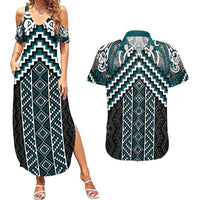 Maori Tukutuku Taniko Motifs Couples Matching Summer Maxi Dress and Hawaiian Shirt Teal Poutama Mix Kowhaiwhai LT7 Teal - Polynesian Pride