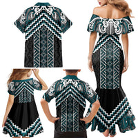Maori Tukutuku Taniko Motifs Family Matching Mermaid Dress and Hawaiian Shirt Teal Poutama Mix Kowhaiwhai LT7 - Polynesian Pride