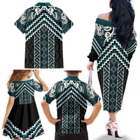 Maori Tukutuku Taniko Motifs Family Matching Off The Shoulder Long Sleeve Dress and Hawaiian Shirt Teal Poutama Mix Kowhaiwhai LT7 - Polynesian Pride