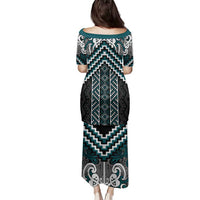 Maori Tukutuku Taniko Motifs Family Matching Puletasi and Hawaiian Shirt Teal Poutama Mix Kowhaiwhai LT7 - Polynesian Pride