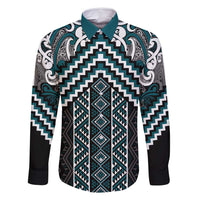 Maori Tukutuku Taniko Motifs Family Matching Tank Maxi Dress and Hawaiian Shirt Teal Poutama Mix Kowhaiwhai LT7 Dad's Shirt - Long Sleeve Teal - Polynesian Pride