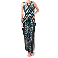 Maori Tukutuku Taniko Motifs Family Matching Tank Maxi Dress and Hawaiian Shirt Teal Poutama Mix Kowhaiwhai LT7 Mom's Dress Teal - Polynesian Pride