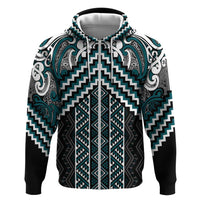 Maori Tukutuku Taniko Motifs Hoodie Teal Poutama Mix Kowhaiwhai LT7 Zip Hoodie Teal - Polynesian Pride