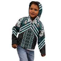 Maori Tukutuku Taniko Motifs Kid Hoodie Teal Poutama Mix Kowhaiwhai LT7 - Polynesian Pride