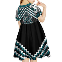 Maori Tukutuku Taniko Motifs Kid Short Sleeve Dress Teal Poutama Mix Kowhaiwhai LT7 - Polynesian Pride