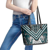 Maori Tukutuku Taniko Motifs Leather Tote Bag Teal Poutama Mix Kowhaiwhai LT7 - Polynesian Pride