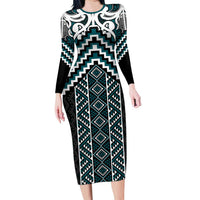 Maori Tukutuku Taniko Motifs Long Sleeve Bodycon Dress Teal Poutama Mix Kowhaiwhai LT7 Long Dress Teal - Polynesian Pride
