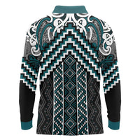 Maori Tukutuku Taniko Motifs Long Sleeve Polo Shirt Teal Poutama Mix Kowhaiwhai LT7 - Polynesian Pride