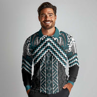 Maori Tukutuku Taniko Motifs Long Sleeve Polo Shirt Teal Poutama Mix Kowhaiwhai LT7 - Polynesian Pride