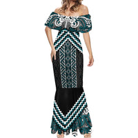 Maori Tukutuku Taniko Motifs Mermaid Dress Teal Poutama Mix Kowhaiwhai LT7 - Polynesian Pride