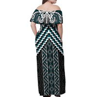 Maori Tukutuku Taniko Motifs Off Shoulder Maxi Dress Teal Poutama Mix Kowhaiwhai LT7 - Polynesian Pride