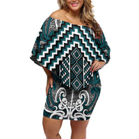 Maori Tukutuku Taniko Motifs Off Shoulder Short Dress Teal Poutama Mix Kowhaiwhai LT7 Women Teal - Polynesian Pride