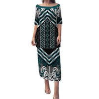 Maori Tukutuku Taniko Motifs Puletasi Teal Poutama Mix Kowhaiwhai LT7 Long Dress Teal - Polynesian Pride