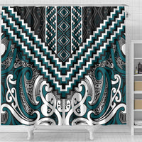 Maori Tukutuku Taniko Motifs Shower Curtain Teal Poutama Mix Kowhaiwhai LT7 - Polynesian Pride
