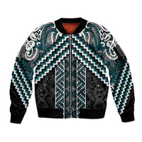 Maori Tukutuku Taniko Motifs Sleeve Zip Bomber Jacket Teal Poutama Mix Kowhaiwhai LT7 Unisex Teal - Polynesian Pride