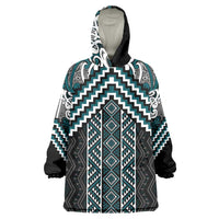 Maori Tukutuku Taniko Motifs Wearable Blanket Hoodie Teal Poutama Mix Kowhaiwhai LT7 One Size Teal - Polynesian Pride