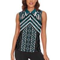 Maori Tukutuku Taniko Motifs Women Sleeveless Polo Shirt Teal Poutama Mix Kowhaiwhai LT7 - Polynesian Pride