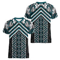 Maori Tukutuku Taniko Motifs Women V-Neck T-Shirt Teal Poutama Mix Kowhaiwhai LT7 - Polynesian Pride