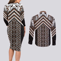 Maori Tukutuku Taniko Motifs Couples Matching Long Sleeve Bodycon Dress and Long Sleeve Button Shirt Brown Poutama Mix Kowhaiwhai LT7 - Polynesian Pride