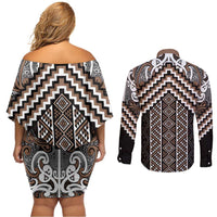 Maori Tukutuku Taniko Motifs Couples Matching Off Shoulder Short Dress and Long Sleeve Button Shirt Brown Poutama Mix Kowhaiwhai LT7 - Polynesian Pride