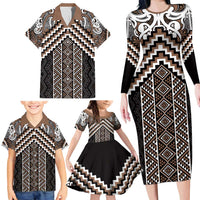 Maori Tukutuku Taniko Motifs Family Matching Long Sleeve Bodycon Dress and Hawaiian Shirt Brown Poutama Mix Kowhaiwhai LT7 - Polynesian Pride