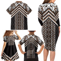 Maori Tukutuku Taniko Motifs Family Matching Long Sleeve Bodycon Dress and Hawaiian Shirt Brown Poutama Mix Kowhaiwhai LT7 - Polynesian Pride