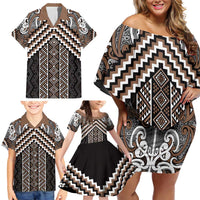 Maori Tukutuku Taniko Motifs Family Matching Off Shoulder Short Dress and Hawaiian Shirt Brown Poutama Mix Kowhaiwhai LT7 - Polynesian Pride
