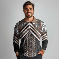 Maori Tukutuku Taniko Motifs Long Sleeve Polo Shirt Brown Poutama Mix Kowhaiwhai LT7 - Polynesian Pride