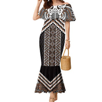 Maori Tukutuku Taniko Motifs Mermaid Dress Brown Poutama Mix Kowhaiwhai LT7 Women Brown - Polynesian Pride