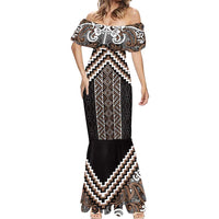 Maori Tukutuku Taniko Motifs Mermaid Dress Brown Poutama Mix Kowhaiwhai LT7 - Polynesian Pride