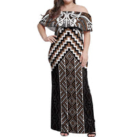 Maori Tukutuku Taniko Motifs Off Shoulder Maxi Dress Brown Poutama Mix Kowhaiwhai LT7 Women Brown - Polynesian Pride