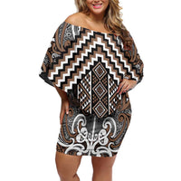 Maori Tukutuku Taniko Motifs Off Shoulder Short Dress Brown Poutama Mix Kowhaiwhai LT7 Women Brown - Polynesian Pride