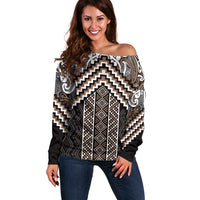 Maori Tukutuku Taniko Motifs Off Shoulder Sweater Brown Poutama Mix Kowhaiwhai LT7 Women Brown - Polynesian Pride