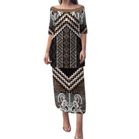 Maori Tukutuku Taniko Motifs Puletasi Brown Poutama Mix Kowhaiwhai LT7 Long Dress Brown - Polynesian Pride